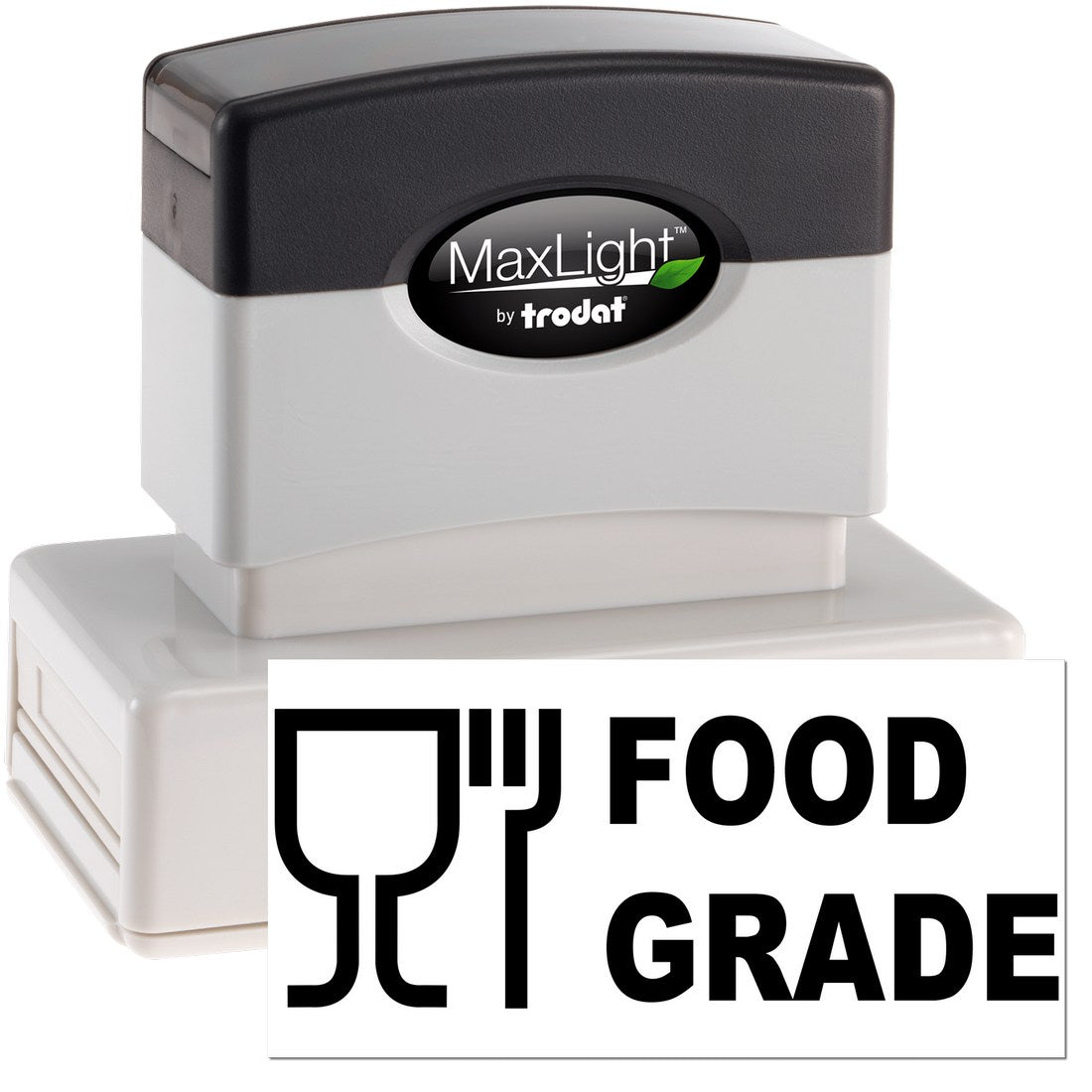 Image of Maxlight Premium Certified Food Grade Stamp, featuring a black and white design with a Food Grade label and utensil symbols, ideal for marking food-safe products.