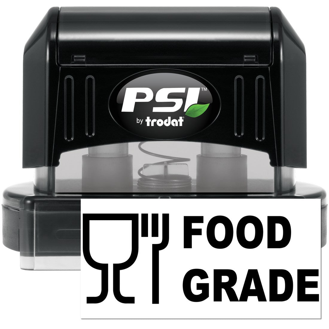 PSI Pre-Inked Certified Food Grade Stamp in black, featuring a clear base and bold Food Grade text with a fork and cup icon, ideal for safe food packaging and labeling.