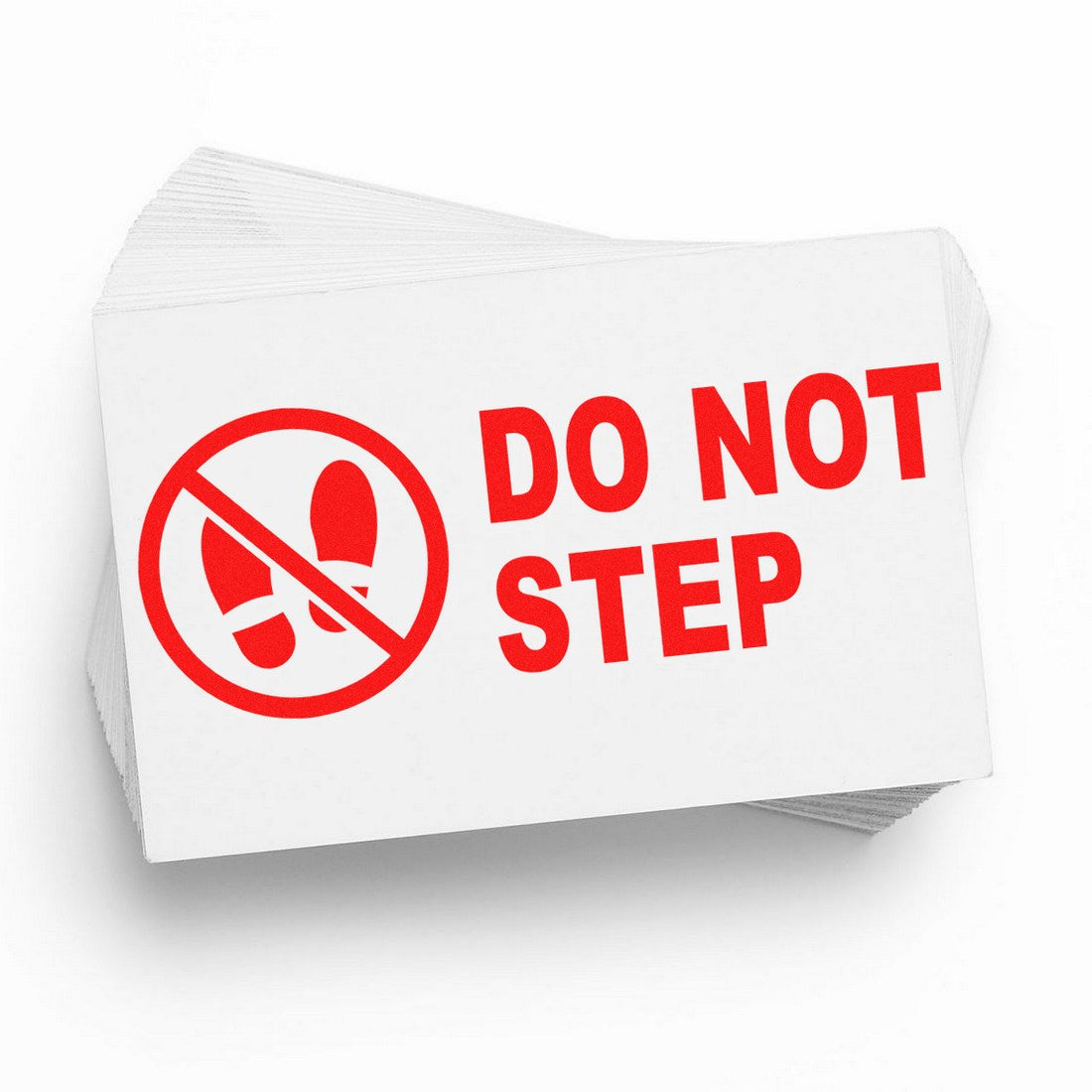 Image of the Slim Pre-Inked Caution Do Not Step Stamp, featuring a red Do Not Step symbol with footprints crossed out, designed for clear cautionary marking on surfaces.