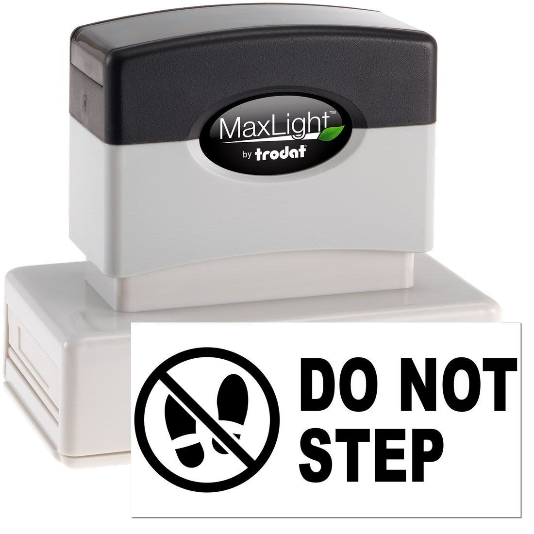 Image of Maxlight Premium Caution Do Not Step Stamp, featuring a black and white design with a Do Not Step symbol and text, ideal for safety warnings.