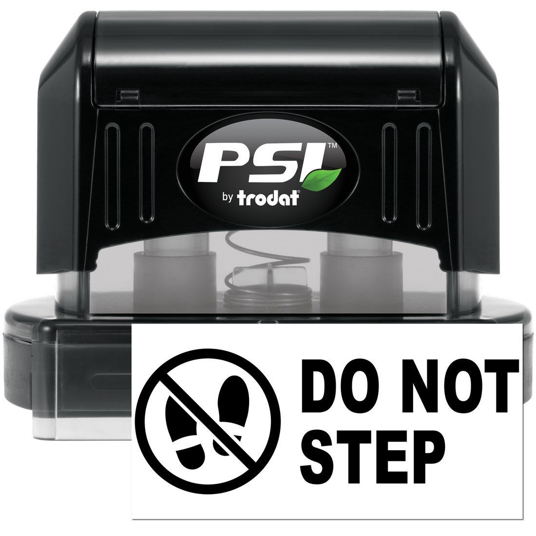 PSI Pre-Inked Caution Do Not Step Stamp, black casing, with clear base, featuring a Do Not Step symbol and text for clear marking.