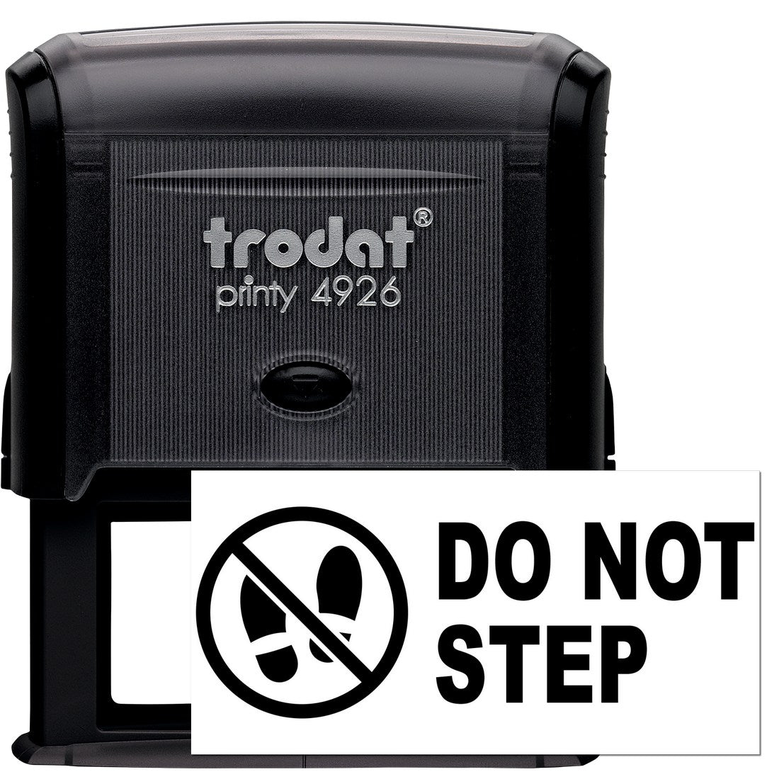 Self-Inking Caution Do Not Step Stamp with black casing and clear imprint of a no-step symbol and text. Ideal for safety warnings.