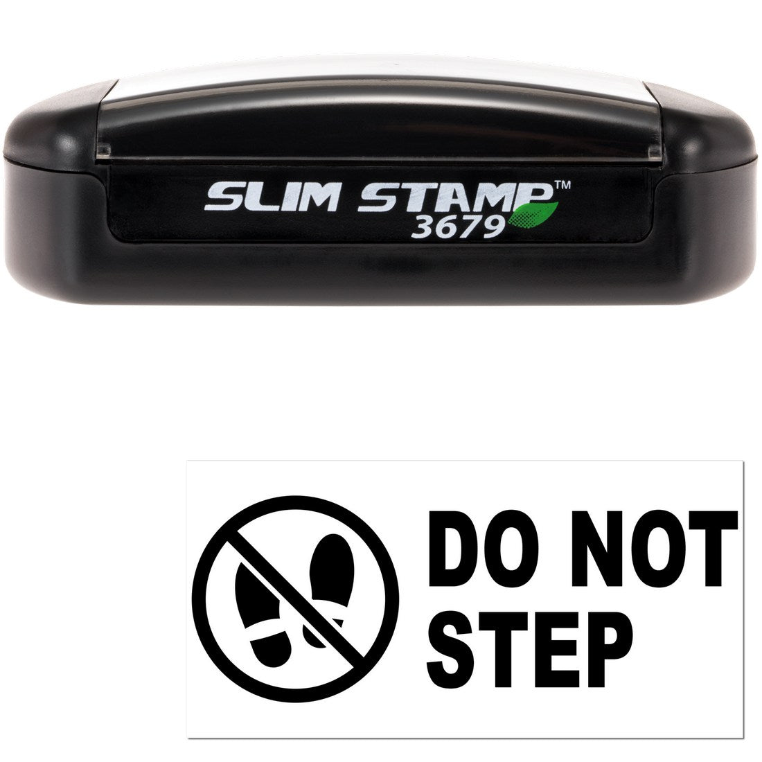 Slim Pre-Inked Caution Do Not Step Stamp, black casing, compact design, with a clear Do Not Step symbol and text. Ideal for safety warnings.