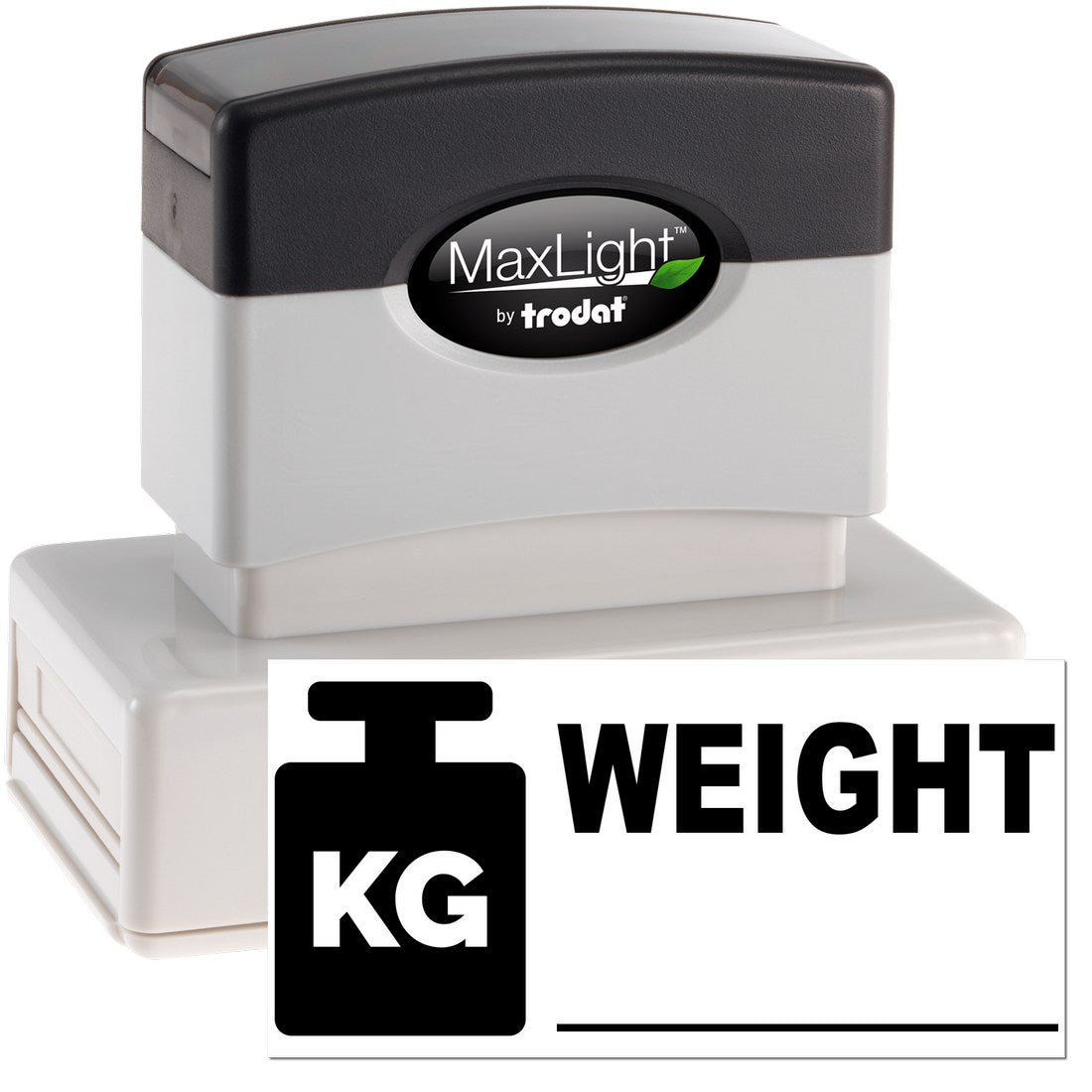 Maxlight Premium Weight Label Stamp with black and white design, featuring 'KG WEIGHT' text and weight icon. Ideal for precise labeling needs.