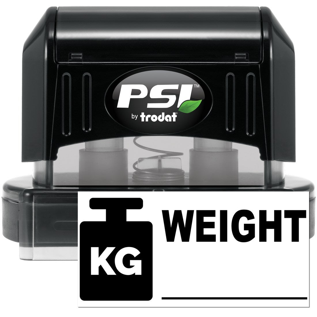 PSI Pre-Inked Weight Label Stamp in black, featuring a clear base and bold 'KG WEIGHT' design for precise labeling.