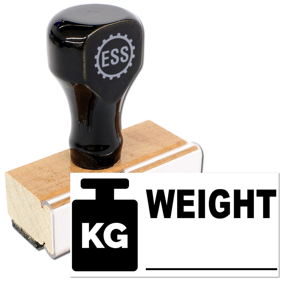 Wood Handle Weight Label Rubber Stamp with black top and engraved ESS logo, featuring a wooden base. Ideal for marking weight in kilograms.