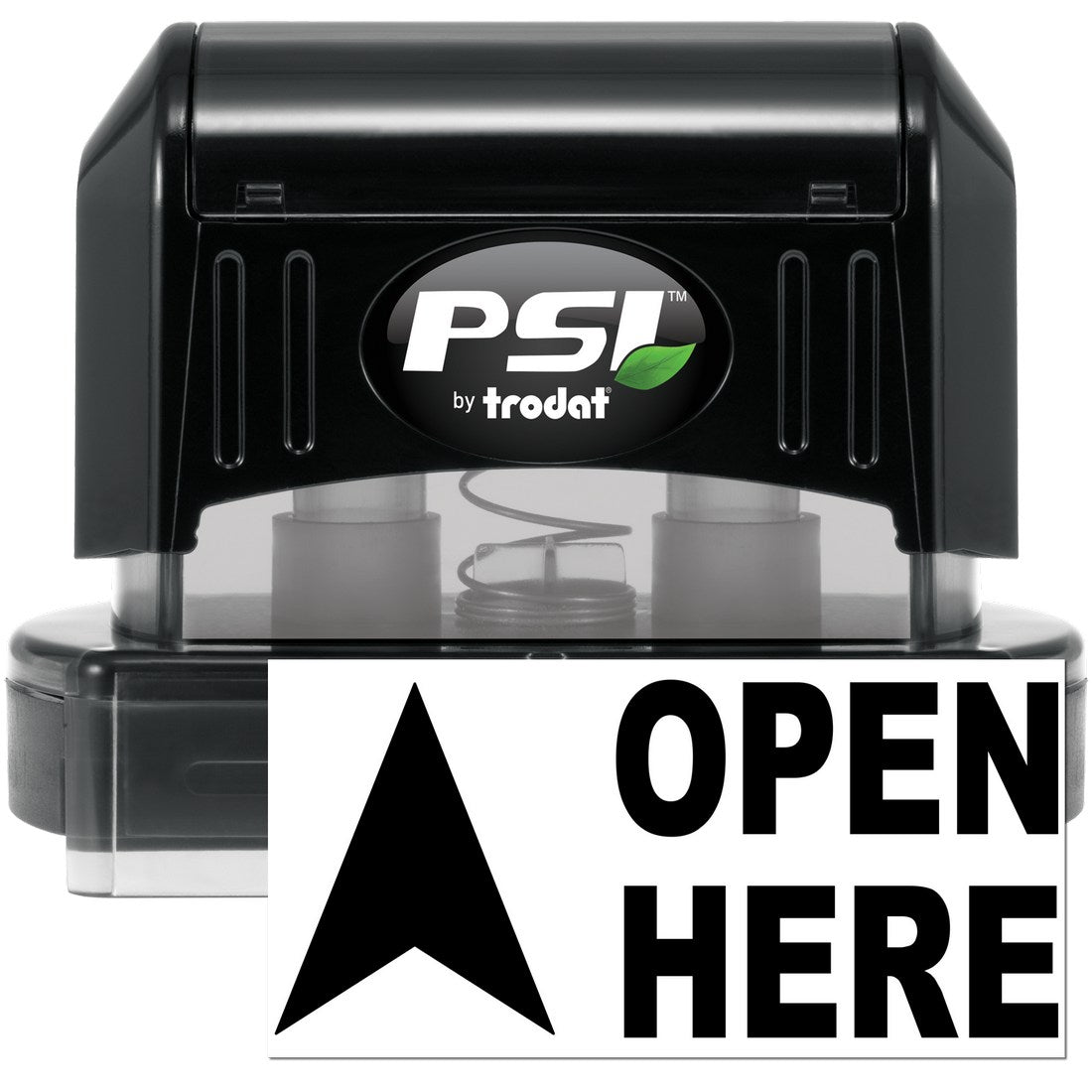 PSI Pre-Inked Arrow Open Here Stamp in black, featuring a bold arrow and 'Open Here' text, ideal for efficient marking. Compact design with clear imprint for office use.