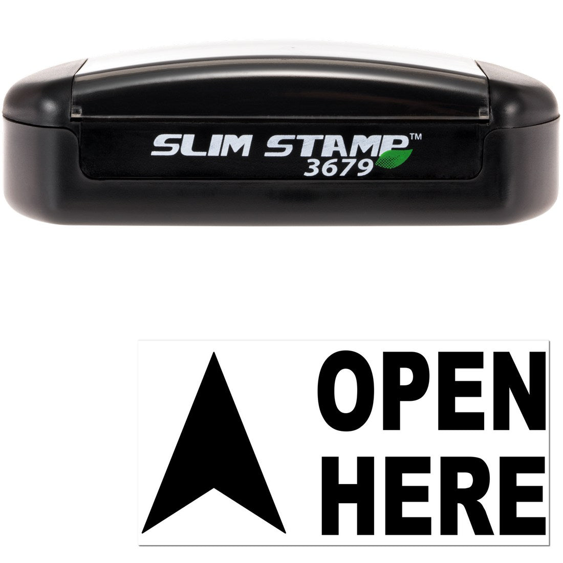 Slim Pre-Inked Arrow Open Here Stamp, compact black design with SLIM STAMP 3679 label, features a bold arrow and OPEN HERE text for clear, precise marking.