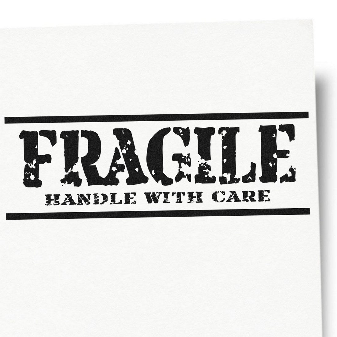 PSI Pre-Inked Rustic Fragile Handle With Care Stamp on white paper, featuring bold, distressed black lettering for clear package labeling.