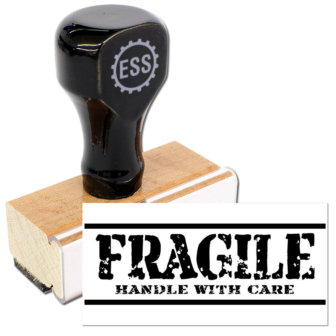 Wood Handle Rustic Fragile Handle With Care Rubber Stamp featuring a black top with ESS logo and a wooden base, perfect for marking packages.