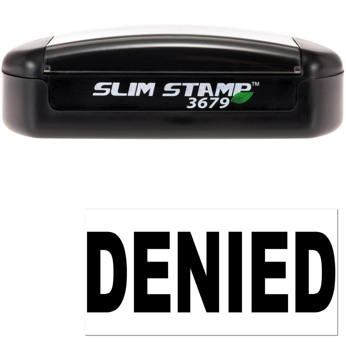 Slim Pre-Inked Package Denied Stamp, compact black design with 'DENIED' imprint, ideal for efficient document processing.