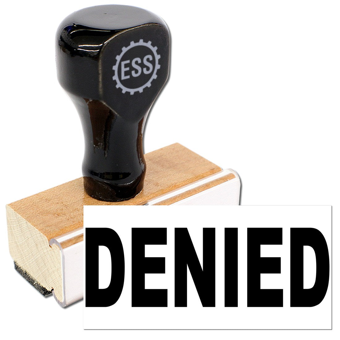 Wood Handle Package Denied Rubber Stamp with black top and wooden base, featuring bold DENIED text. Ideal for office use.