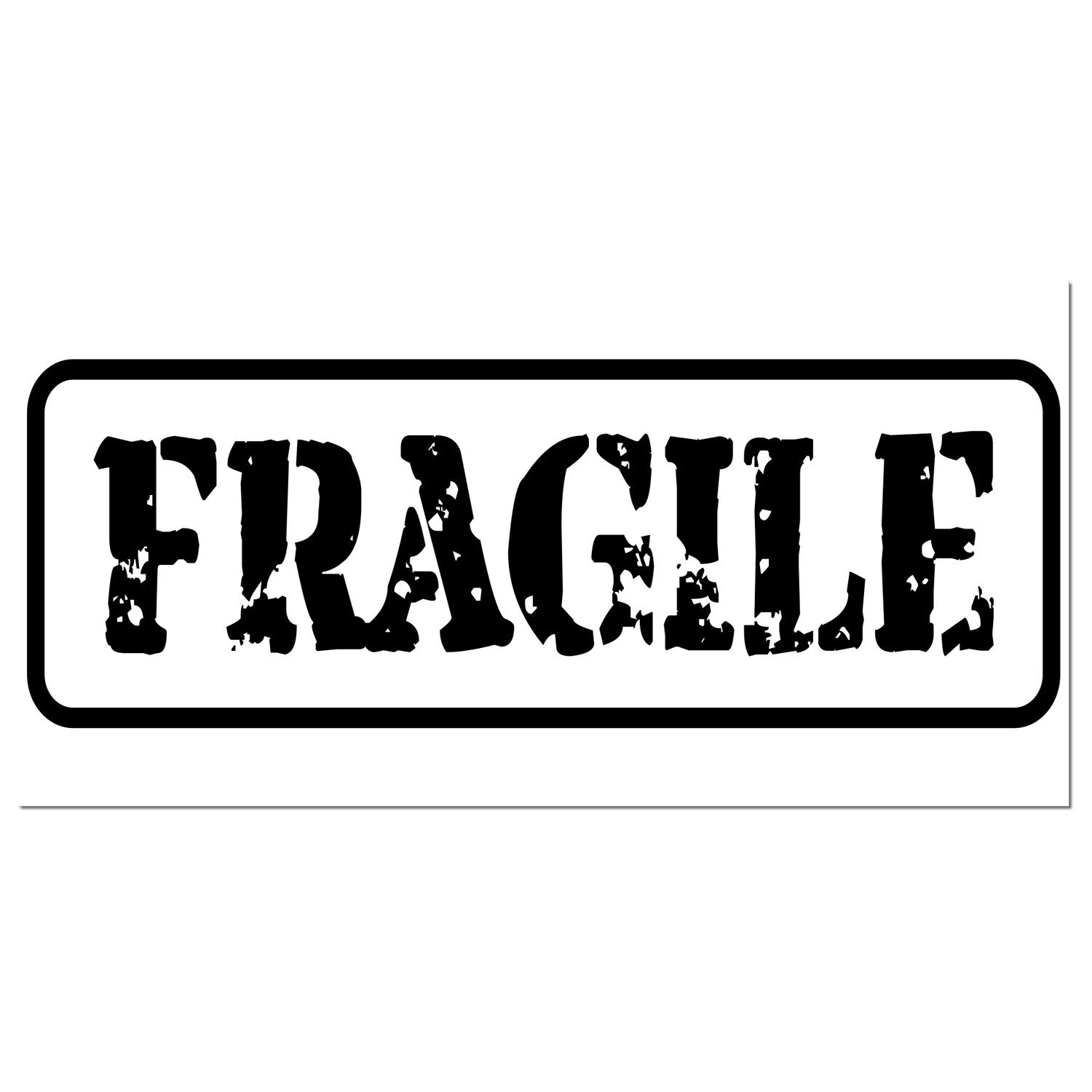 PSI Pre-Inked Fragile Packing Stamp with bold black 'FRAGILE' text on a white background, ideal for marking packages. Durable and clear imprint for shipping needs.