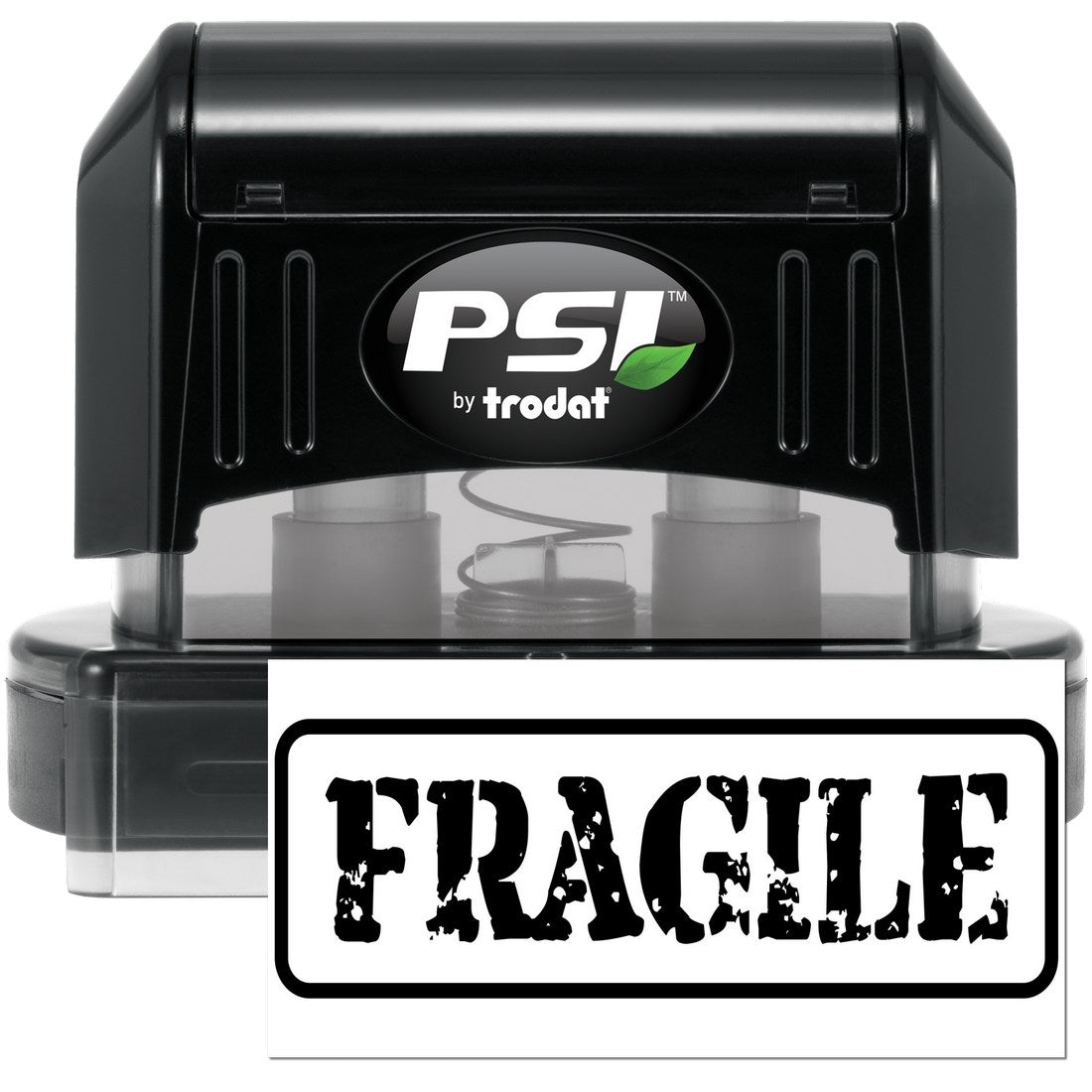 PSI Pre-Inked Fragile Packing Stamp with black casing and clear base, featuring bold 'FRAGILE' text for easy package labeling.