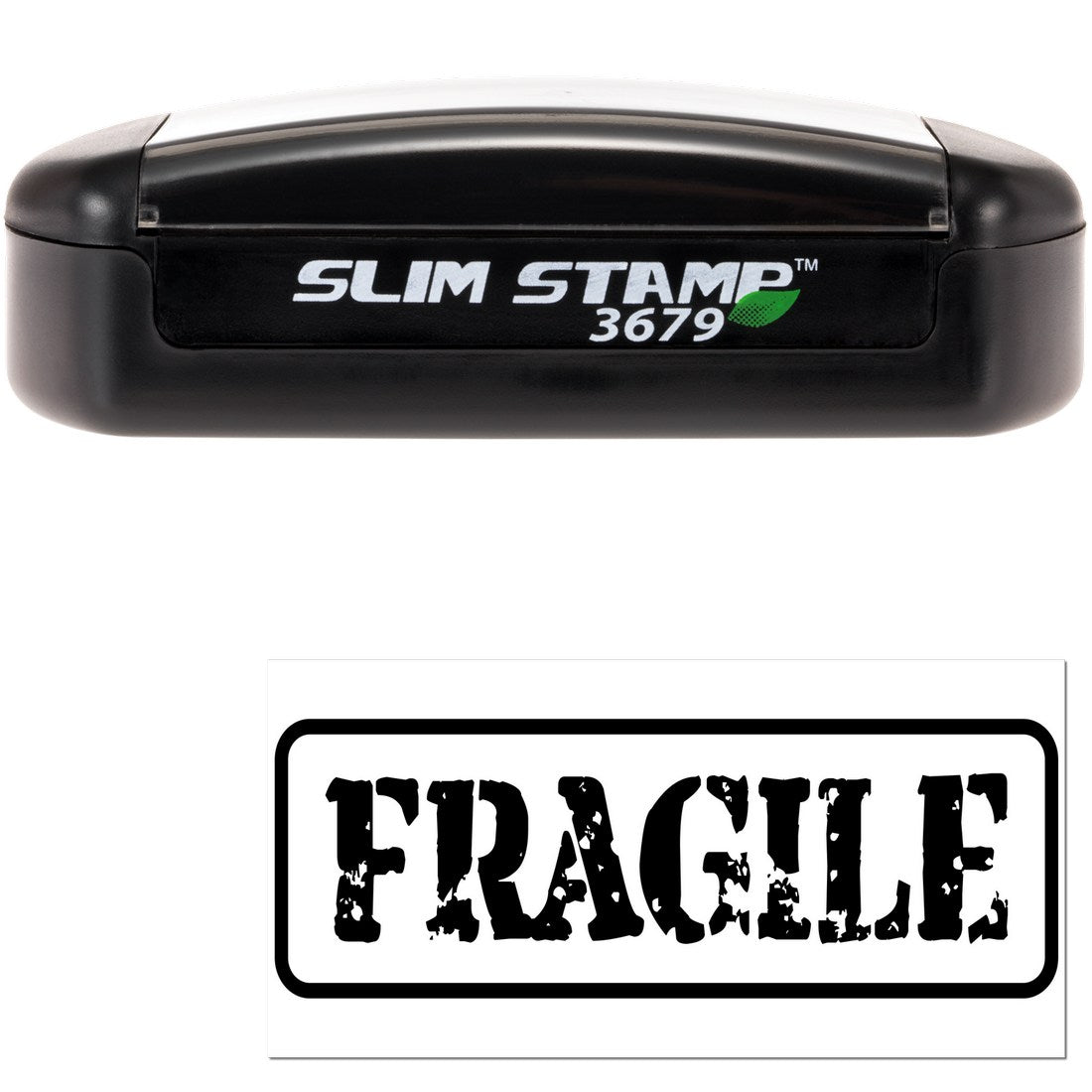 Slim Pre-Inked Fragile Packing Stamp in black, featuring a compact design with 'FRAGILE' text imprint. Ideal for marking packages with care instructions.