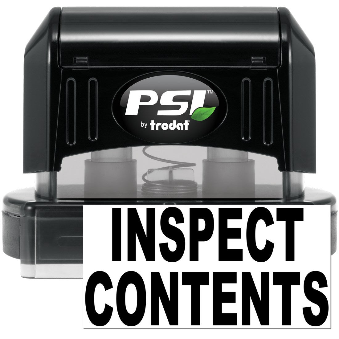 PSI Pre-Inked Inspect Contents Stamp in black with bold 'INSPECT CONTENTS' text, featuring a sleek design and clear imprint for efficient use.