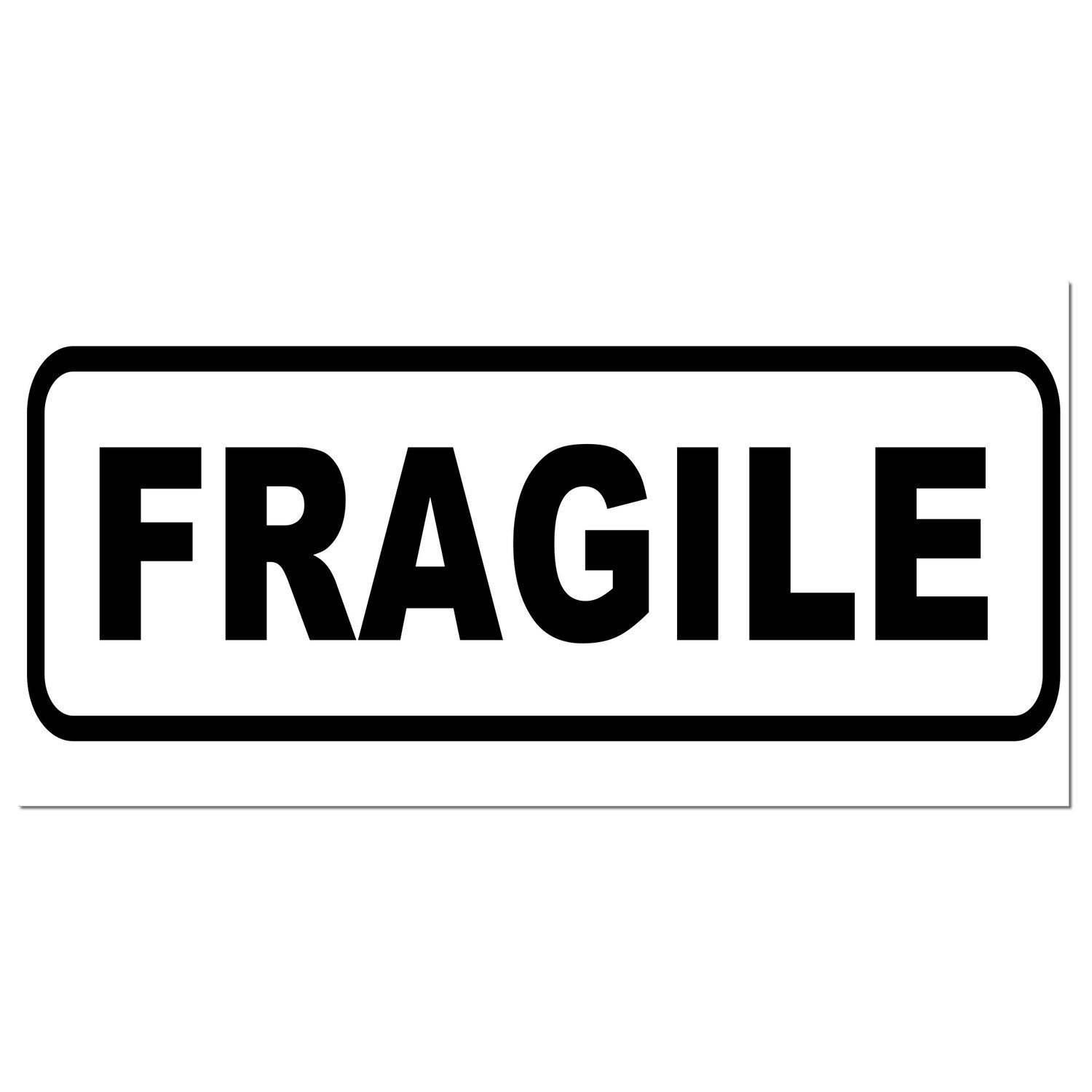 Wood Handle Fragile Rubber Stamp with bold black FRAGILE text on a white background, ideal for marking packages. Durable wood handle and clear rubber imprint for easy use.