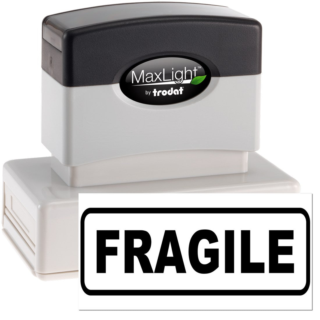 Image of the Maxlight Premium Fragile Stamp, featuring a sleek black and white design with FRAGILE text prominently displayed, ideal for marking packages with care instructions.