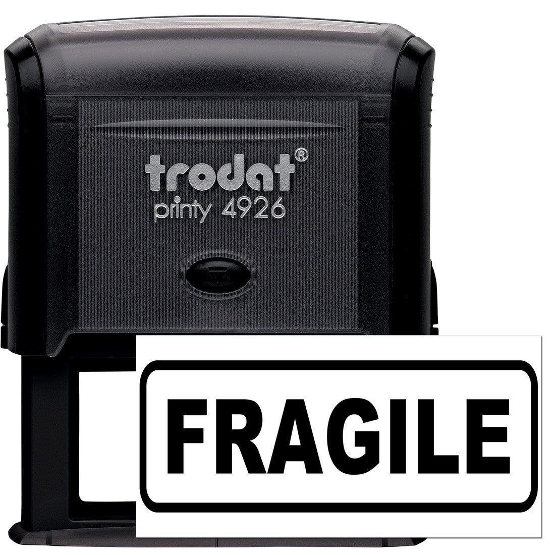 Self-Inking Fragile Stamp with black casing and bold FRAGILE text on a white label, ideal for marking packages. Durable and easy to use for shipping needs.