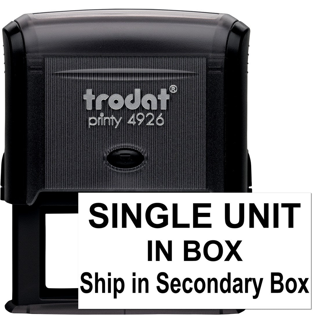 Self-Inking Single Unit Secondary Box Stamp, black, with SINGLE UNIT IN BOX text. Compact design, ideal for efficient packaging and labeling.