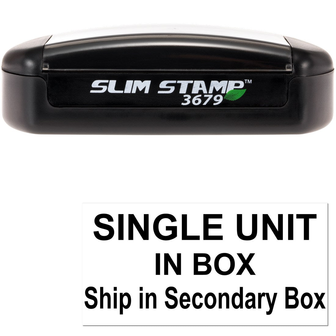 Image of a Slim Pre-Inked Single Unit Secondary Box Stamp, featuring a sleek black design with Slim Stamp 3679 branding, ideal for efficient and clean stamping.