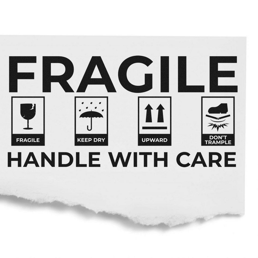 Wood Handle Fragile Shipping Rubber Stamp with bold FRAGILE text and care symbols, including a glass, umbrella, arrows, and shoe, on a white background. Ideal for marking packages.