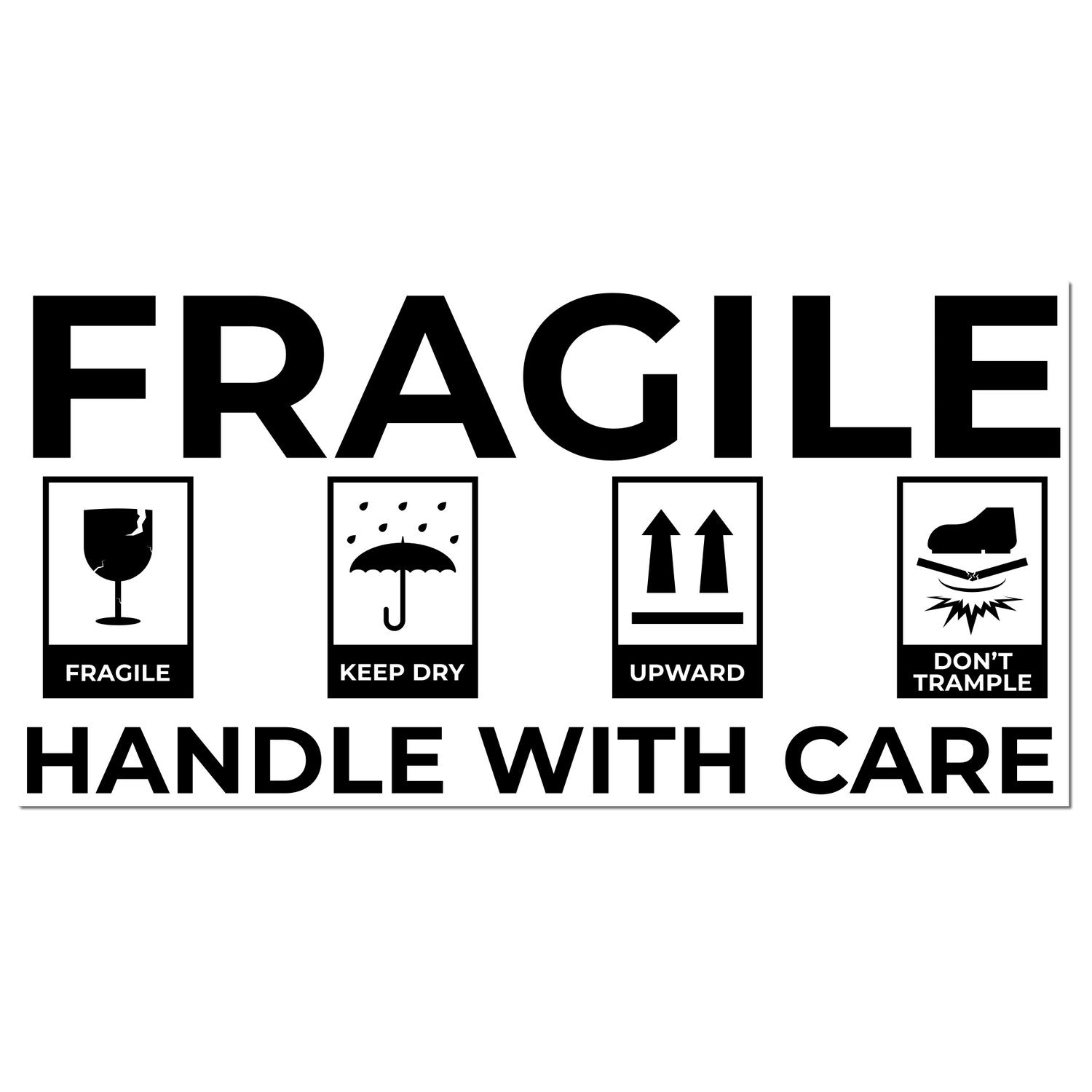 Self-Inking Fragile Shipping Stamp with bold 'FRAGILE' text, icons for 'Keep Dry,' 'Upward,' and 'Don't Trample,' and 'Handle with Care' message. Ideal for packaging.