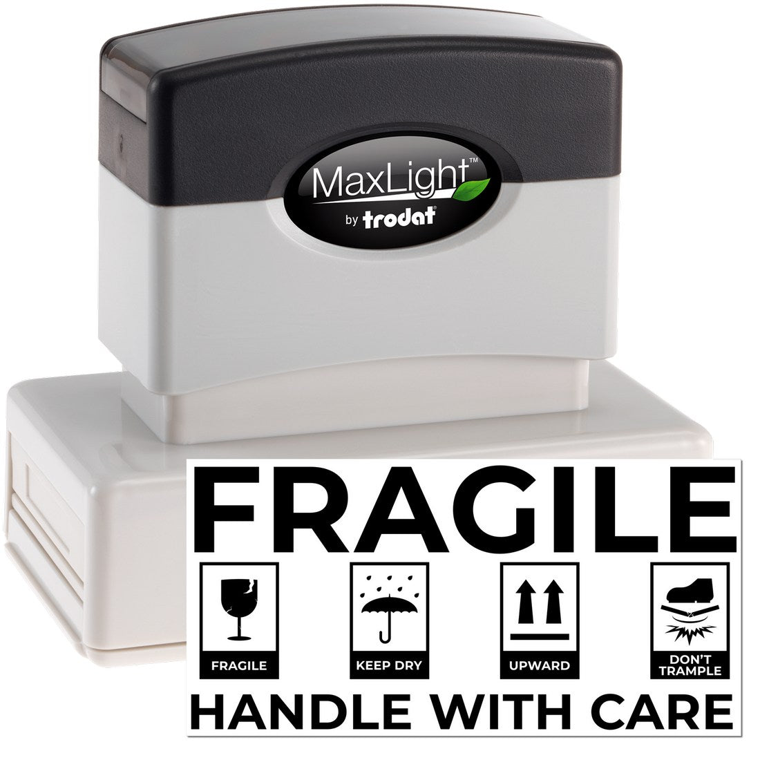 Maxlight Premium Fragile Shipping Stamp with black and white design, featuring icons for fragile, keep dry, upward, and don't trample. Ideal for marking packages with care instructions.