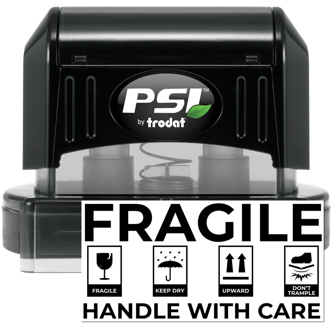 PSI Pre-Inked Fragile Shipping Stamp in black, featuring icons for Fragile, Keep Dry, Upward, and Don't Trample, with Handle With Care text. Ideal for marking packages.