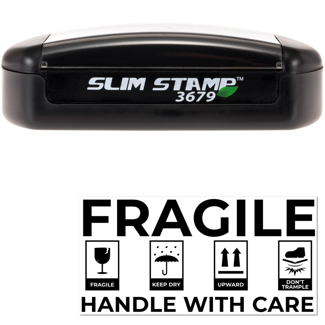 Slim Pre-Inked Fragile Shipping Stamp in black, featuring FRAGILE text with icons for handling instructions. Compact design for efficient, clear marking on packages.