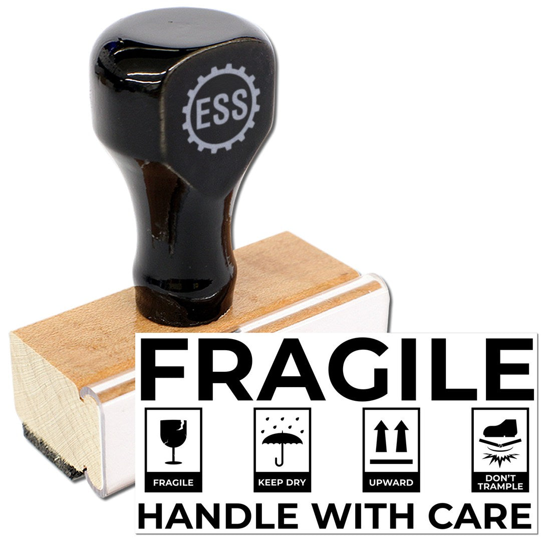 Wood Handle Fragile Shipping Rubber Stamp with black top and wooden base, featuring FRAGILE HANDLE WITH CARE text and icons for protection instructions. Ideal for packaging needs.