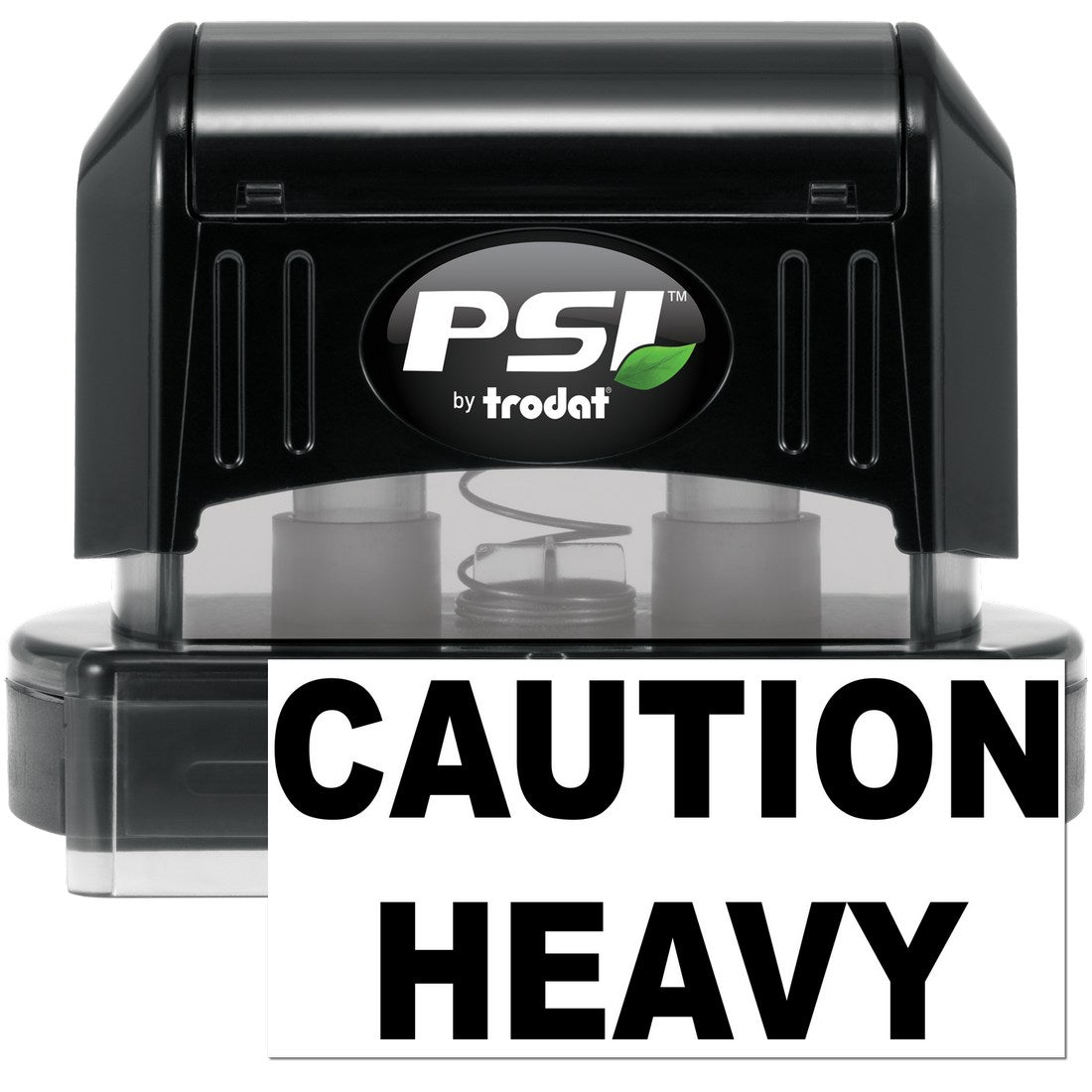 PSI Pre-Inked Heavy Caution Stamp in black, featuring bold 'CAUTION HEAVY' text, ideal for marking packages and documents. Compact design with clear, durable casing.