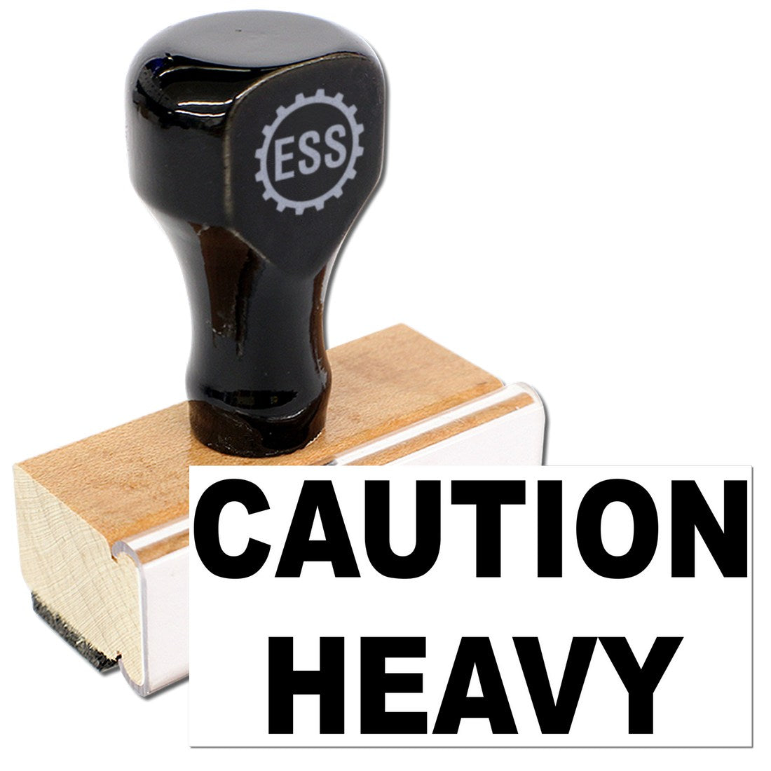 Wood Handle Heavy Caution Rubber Stamp with black top and wooden base, featuring bold 'CAUTION HEAVY' text. Ideal for marking packages and documents.