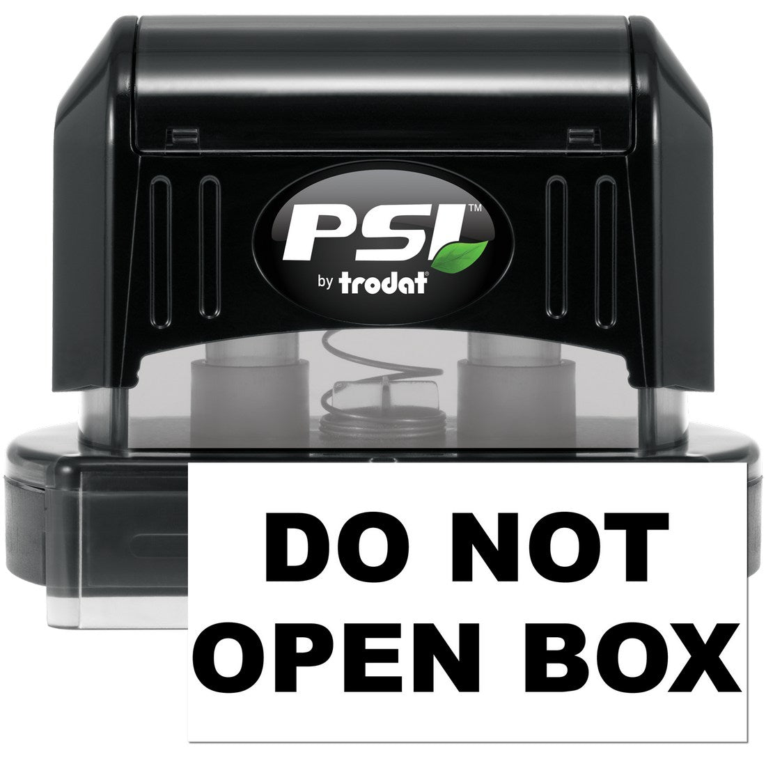 PSI Pre-Inked Do Not Open Box Stamp in black, featuring a clear base and bold 'DO NOT OPEN BOX' text for secure packaging. Ideal for office use.