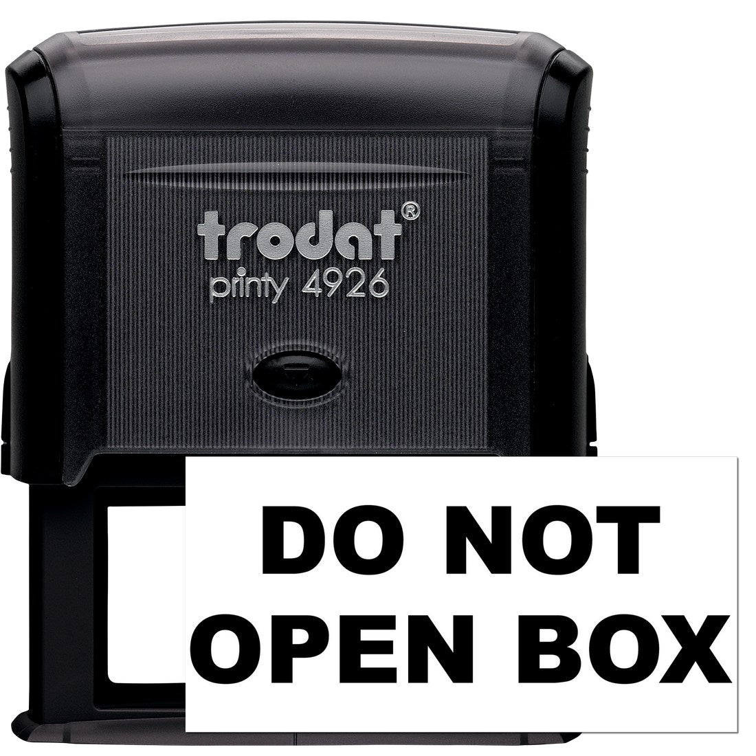 Self-Inking Do Not Open Box Stamp with black casing and bold DO NOT OPEN BOX text on white label. Ideal for secure packaging.