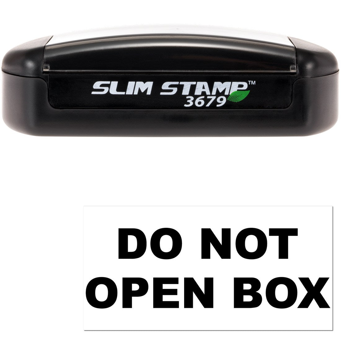 Slim Pre-Inked Do Not Open Box Stamp with black casing and bold 'DO NOT OPEN BOX' imprint, ideal for secure packaging and labeling.