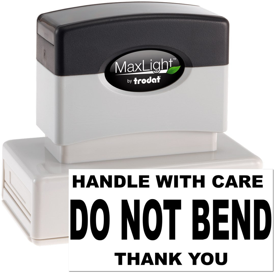 Maxlight Premium Handle With Care Do Not Bend Thank You Stamp, featuring a sleek black and white design, ideal for marking packages with clear, bold instructions.