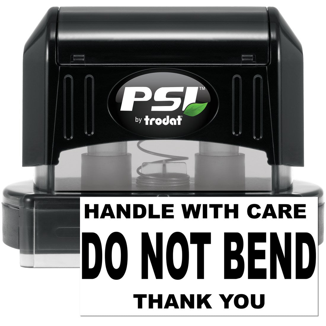 PSI Pre-Inked Handle With Care Do Not Bend Thank You Stamp, black casing, clear base, bold text on white label, ideal for packaging and shipping needs.