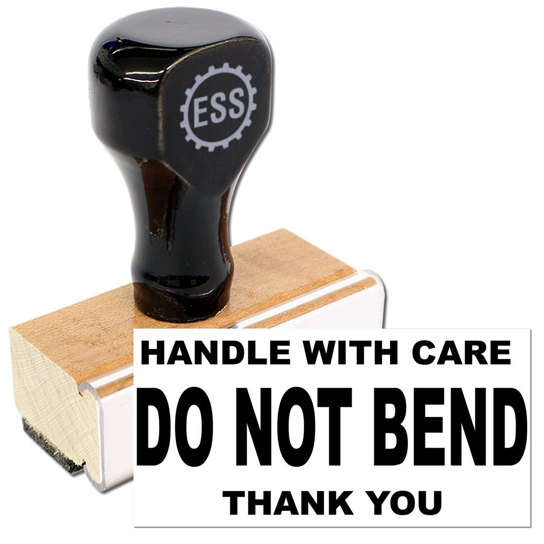 Wood Handle Handle With Care Do Not Bend Thank You Rubber Stamp featuring a black top and wooden base, ideal for marking packages.