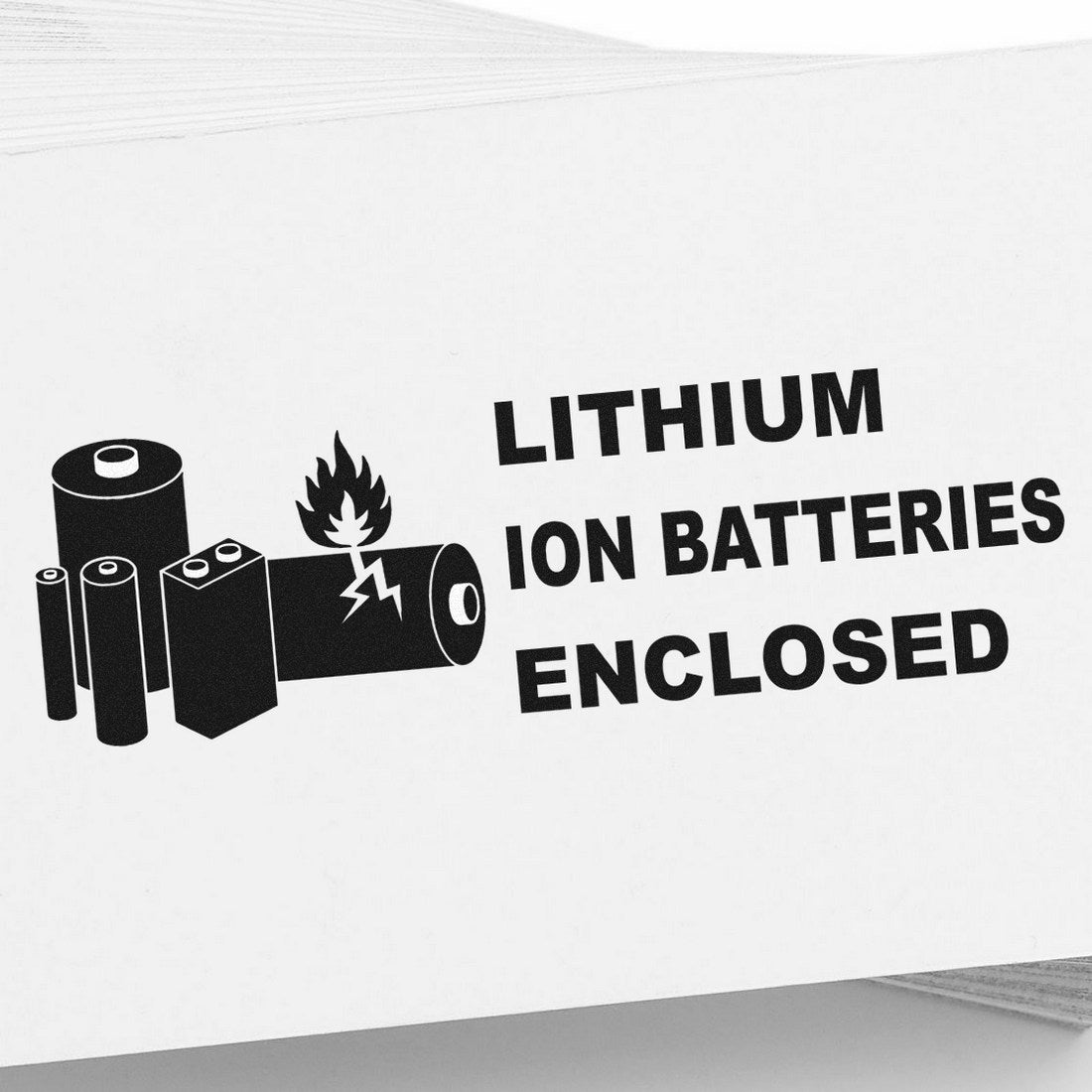 Wood Handle Lithium Ion Battery Warning Rubber Stamp imprint showing various battery icons and 'Lithium Ion Batteries Enclosed' text on white paper.