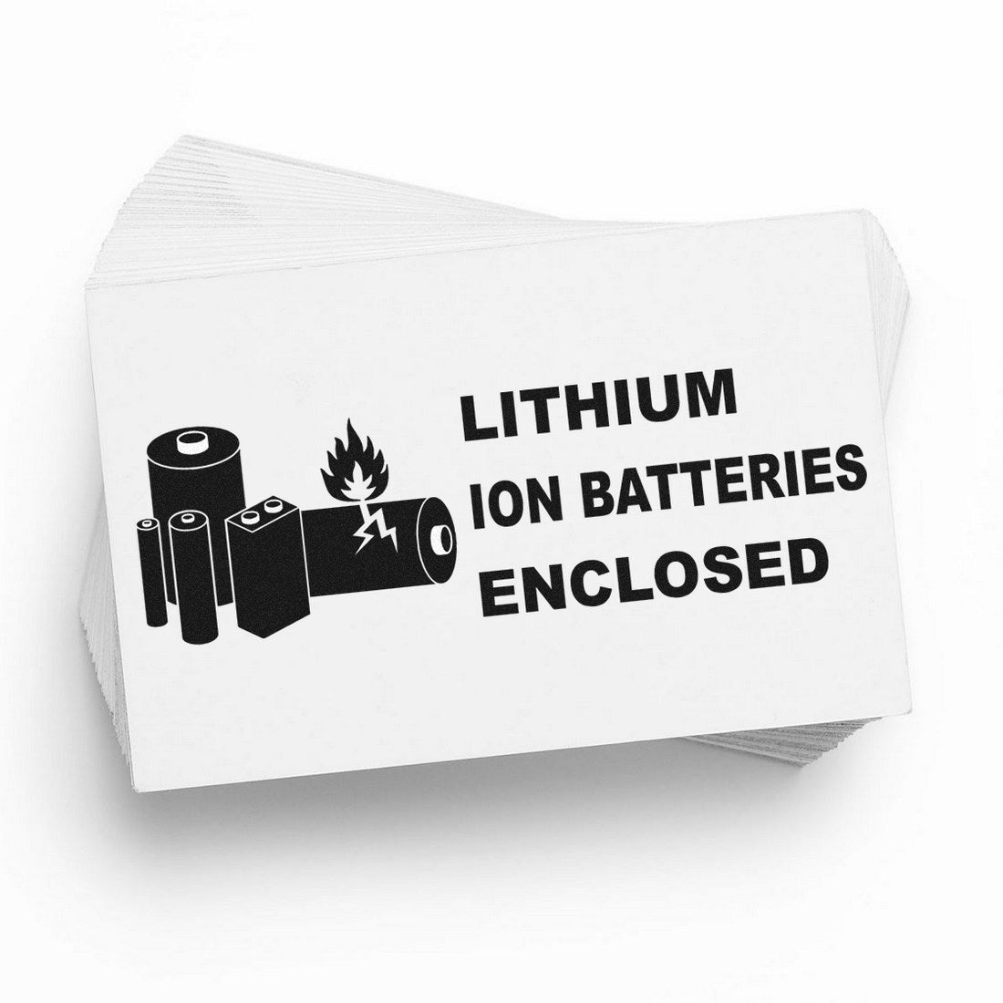 Self-Inking Lithium Ion Battery Warning Stamp with bold text and battery icons, designed for safety labeling. Ideal for packages containing lithium ion batteries.