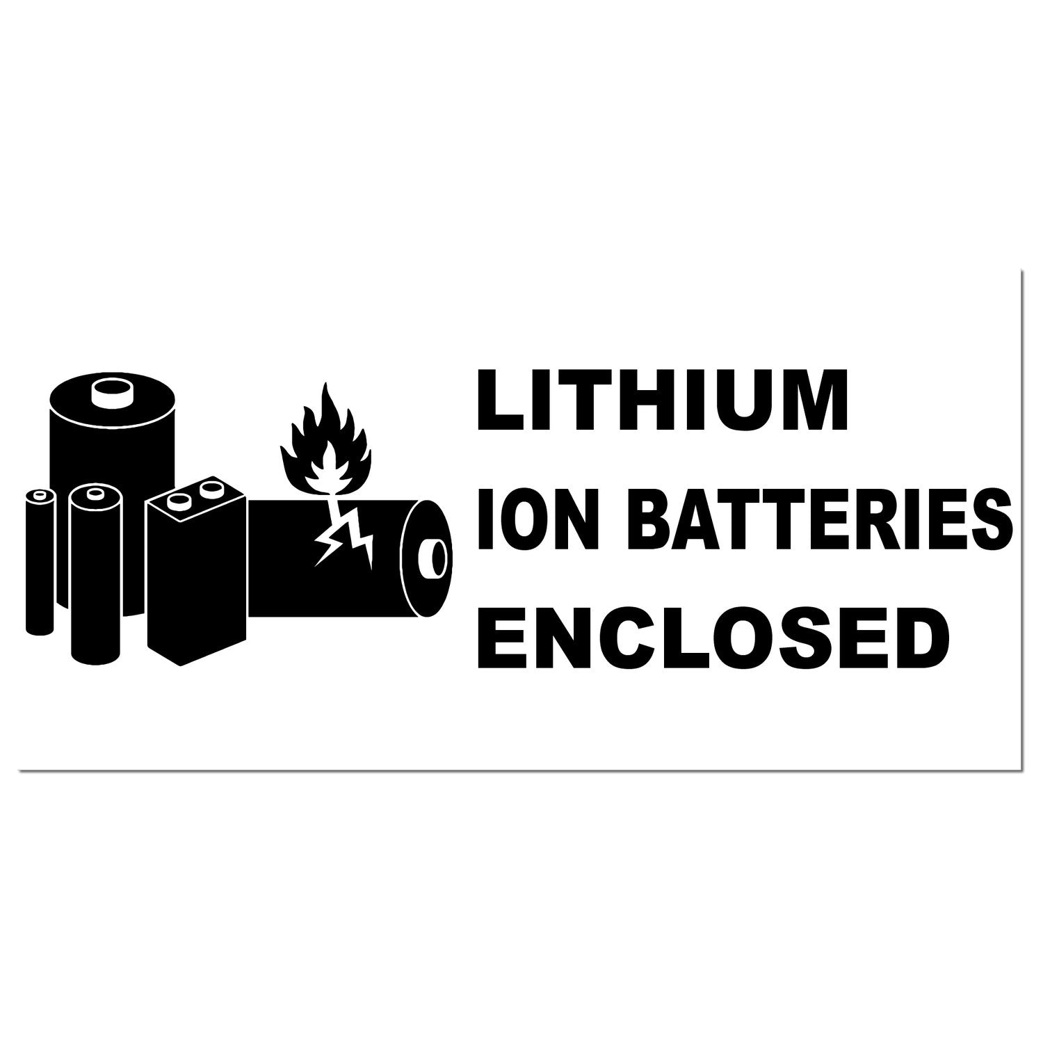 Self-Inking Lithium Ion Battery Warning Stamp featuring bold black text and battery icons, highlighting safety warnings for enclosed lithium ion batteries. Ideal for packaging and shipping.