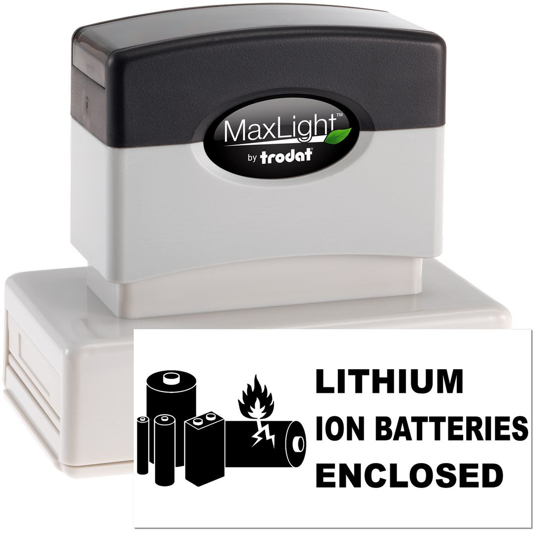 Maxlight Premium Lithium Ion Battery Warning Stamp, featuring a black and white design with bold text and battery icons, indicating Lithium Ion Batteries Enclosed.