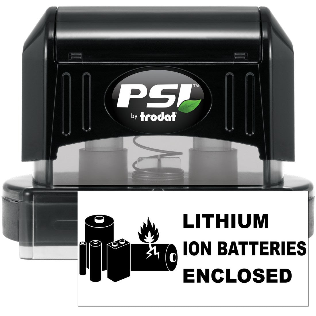 PSI Pre-Inked Lithium Ion Battery Warning Stamp with black casing and clear base, featuring a warning label for lithium ion batteries enclosed.