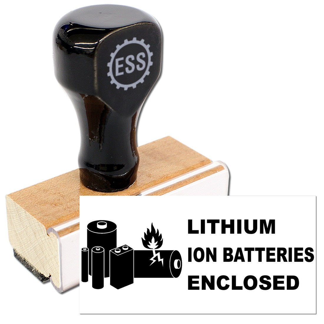 Wood Handle Lithium Ion Battery Warning Rubber Stamp with black grip and wooden base, featuring a Lithium Ion Batteries Enclosed warning design. Perfect for safety labeling.