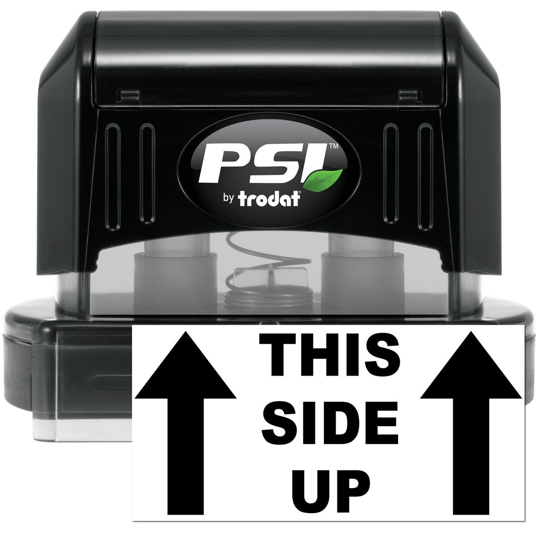 PSI Pre-Inked This Side Up Arrow Stamp in black, featuring bold arrows and text for clear package orientation. Durable design with easy-to-use mechanism.