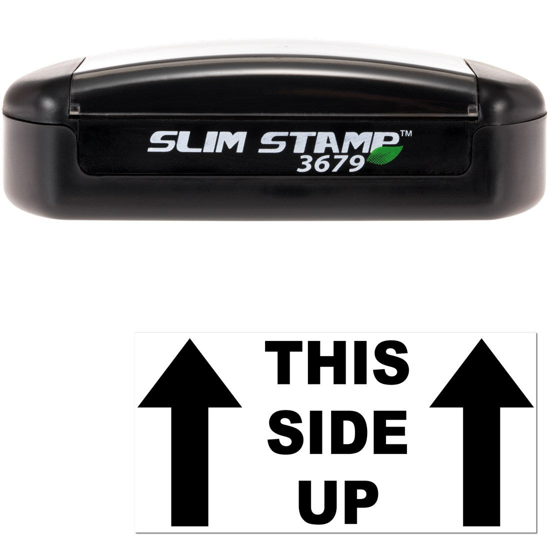 Image of the Slim Pre-Inked This Side Up Arrow Stamp, featuring a sleek black design with bold arrows and text indicating This Side Up for clear package orientation.