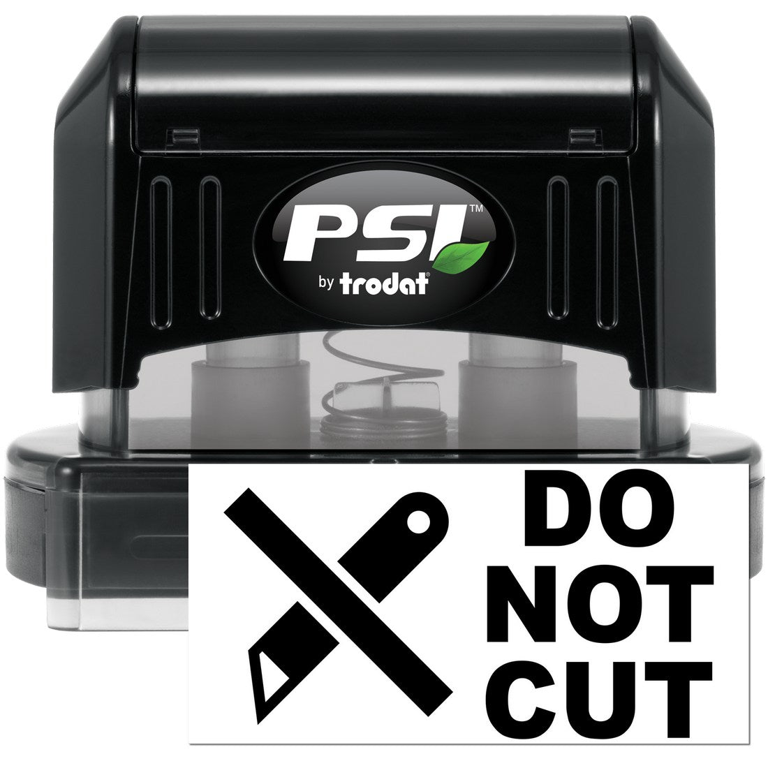 PSI Pre-Inked Do Not Cut Symbol Stamp featuring a black casing with a clear base, displaying a crossed-out knife symbol and DO NOT CUT text. Ideal for clear, bold warnings.