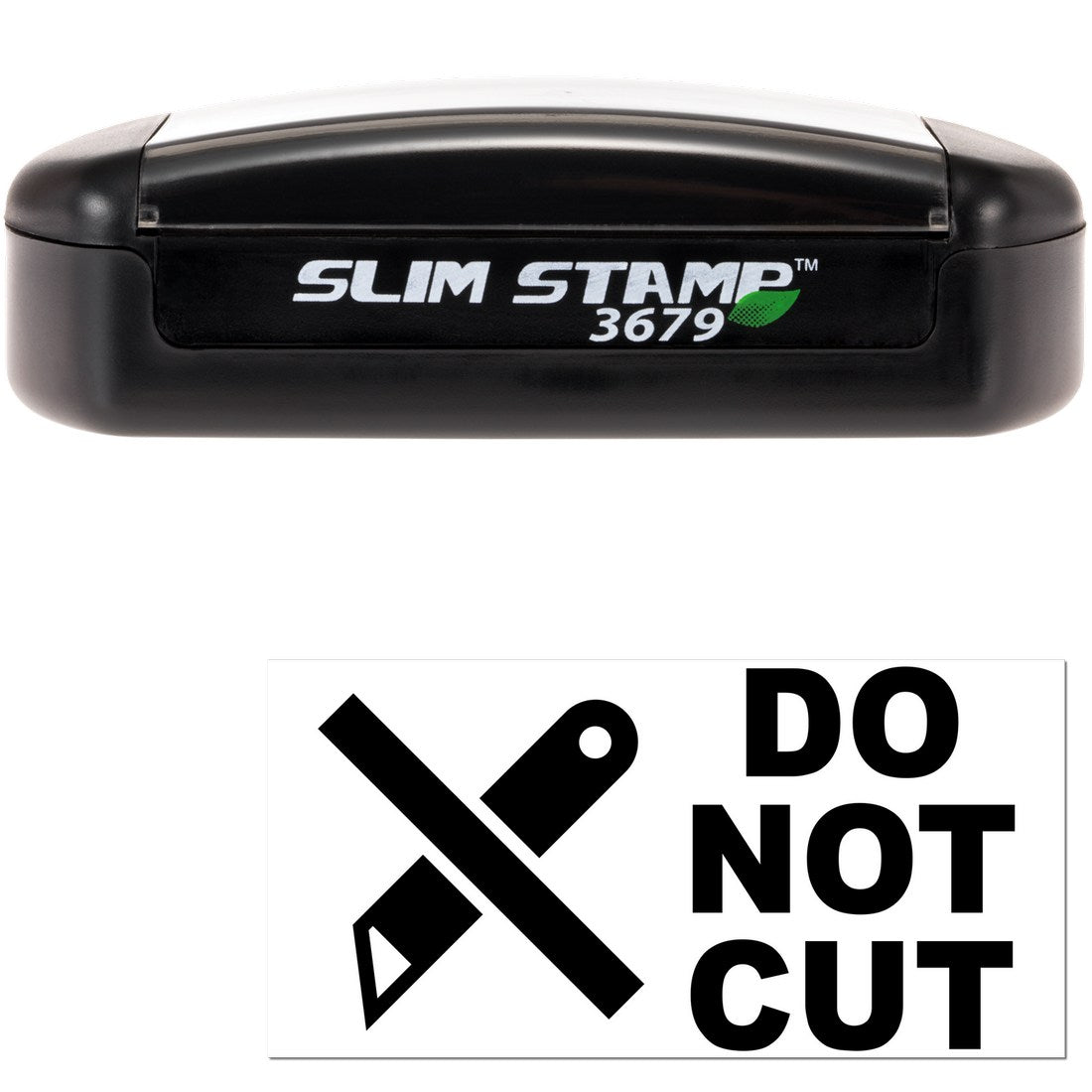 Slim Pre-Inked Do Not Cut Symbol Stamp with black casing and clear 'Do Not Cut' symbol. Compact design for easy use and storage.