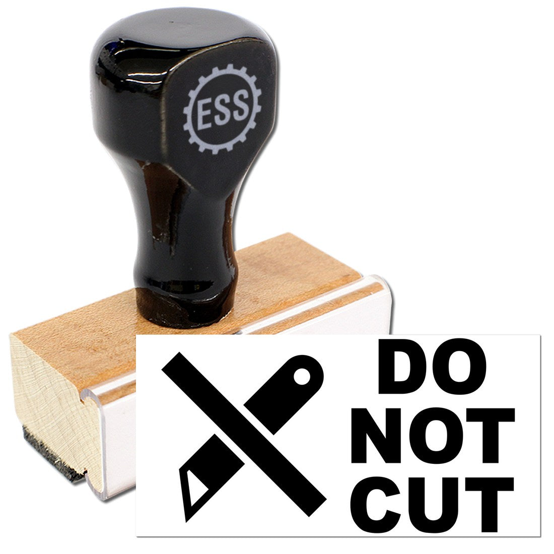 Wood Handle Do Not Cut Symbol Rubber Stamp with black top and wooden base, featuring a crossed-out knife icon and DO NOT CUT text. Ideal for packaging and safety warnings.